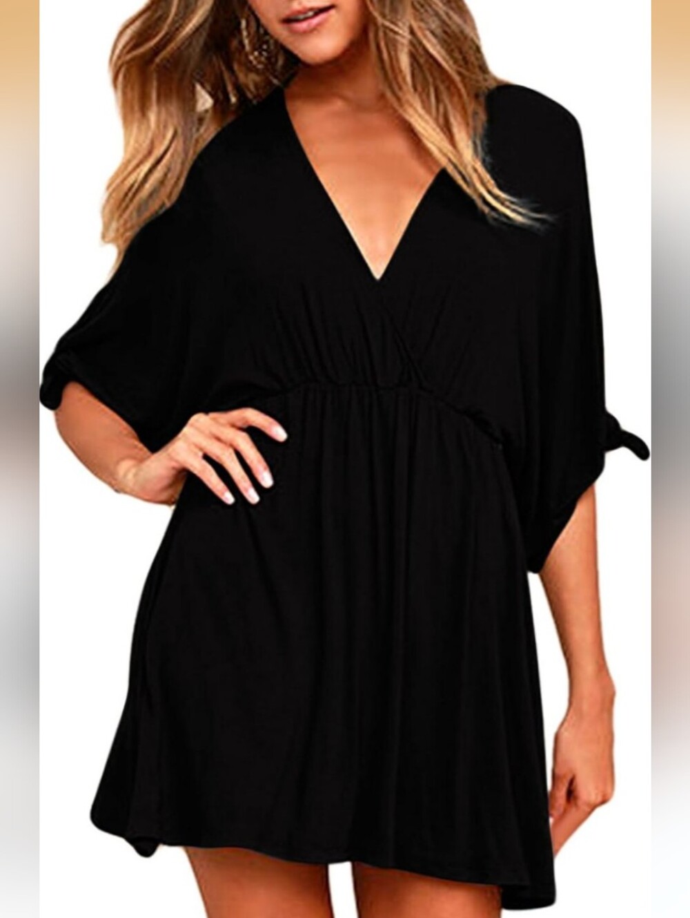 Black Tie Sleeve Deep Cut Dress, Size XL - Picture 2 of 6